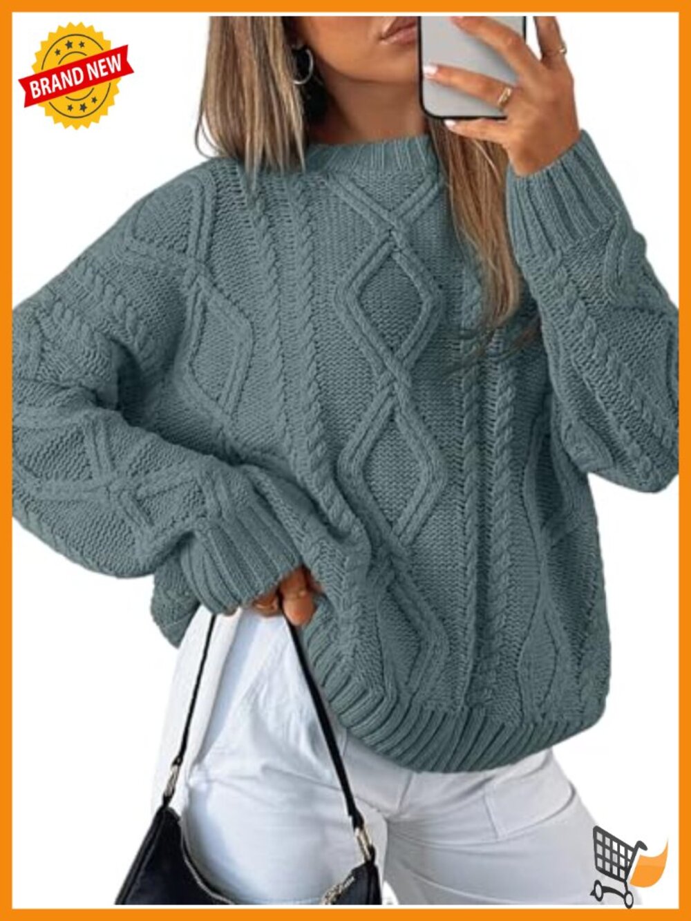 Oversized Cable Knit Sweater Cotton Blend Crew Neck Pullover